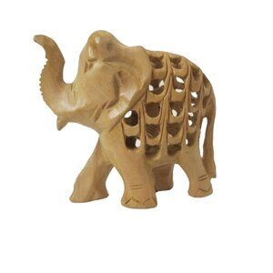 Vintage Asian Hand-Carved Wood Elephant w/Baby Inside Small 3" x 3"